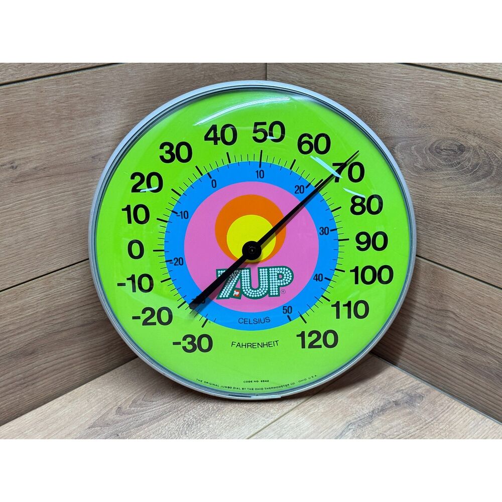 Vintage 7UP Dial Thermometer Sign Ohio Thermometer Co. 12" Soda Working #6542